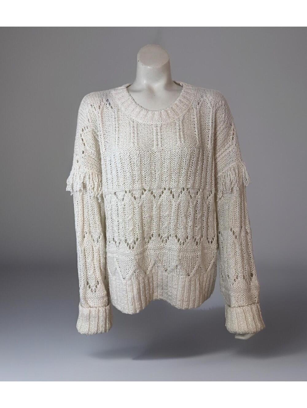 Old Navy Womens XL Loose Knit Ivory Sweater Long Sleeves Fringe Trim Wide Boxy